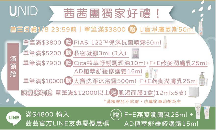 寶寶肌膚專家+保養級抗菌【美國UNID|AD修護霜。F+E燕麥乳液。Cica油。輕透防曬乳。沐浴慕斯|PIAS抗菌噴噴。私密慕斯+凝膠|益生菌。貝多酚。貝貝滴】 寶寶肌膚專家+保養級抗菌【美國UNID|AD修護霜。F+E燕麥乳液。Cica油。輕透防曬乳。沐浴慕斯|PIAS抗菌噴噴。私密慕斯+凝膠|益生菌。貝多酚。貝貝滴】